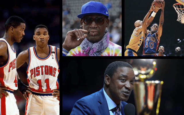 Former Detroit Pistons Isiah Thomas, right, address former players